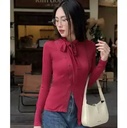 Áo Len Tăm Dài Tay Thắt nơ Lệch Vạt Chéo Cách Diệu Sang Chảnh Tôn Dáng Xinh Xắn Áo Đỏ BRIYO TD41